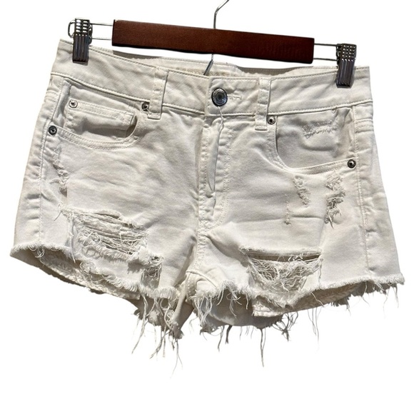 American Eagle Outfitters Pants - American Eagle Super Stretch  Hi Rise Shortie Distressed White Shorts Size 2
